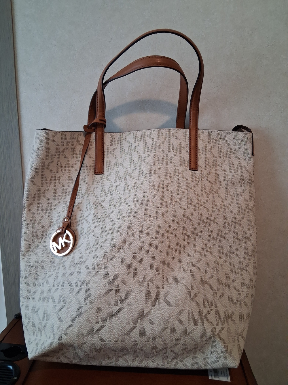 Michael Kors Beige Logo Tote Bag with Brown Trim With ATTACHED WALLET